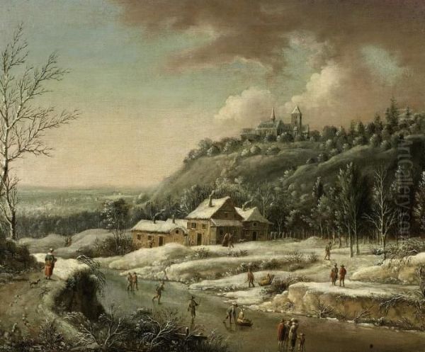 Wintery River Valley Oil Painting by Johann Christian Vollerdt or Vollaert