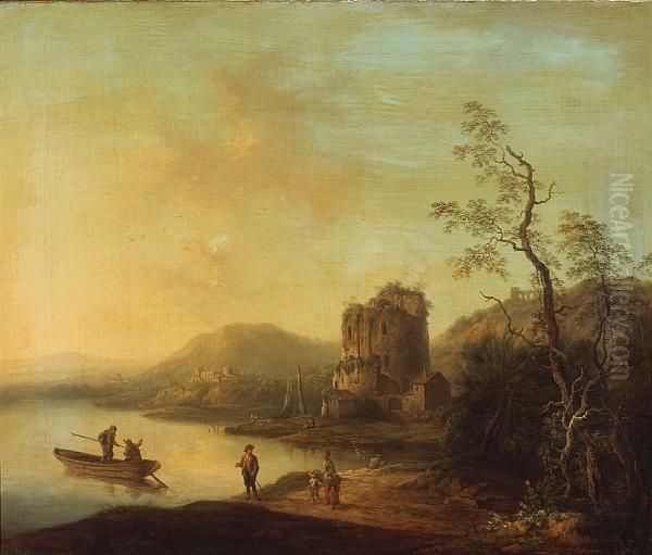 A River Landscape With Figures On The Bank Andruins In The Background Oil Painting by Johann Christian Vollerdt or Vollaert