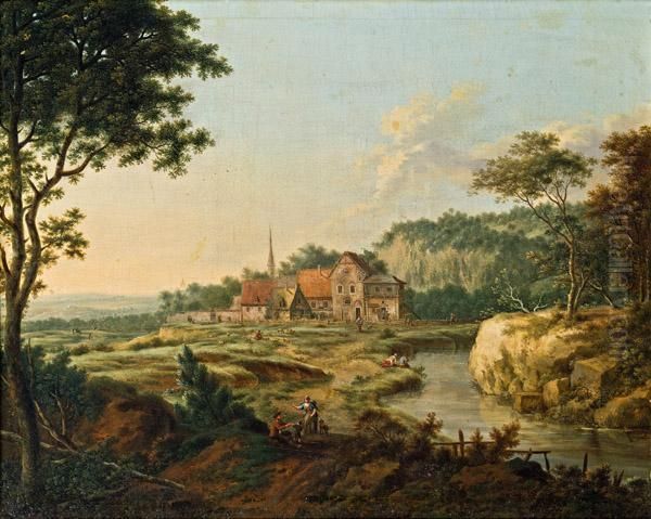 Weite Landschaft Mit Fluss Und Dorf, Davor Landliche Staffage Oil Painting by Johann Christian Vollerdt or Vollaert