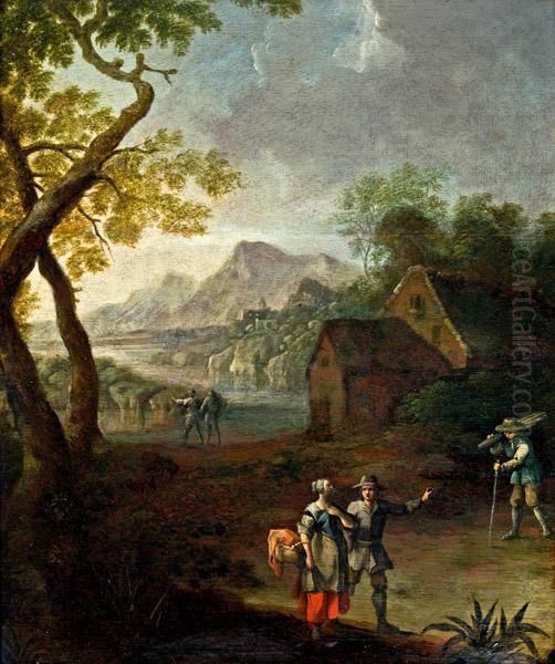 Flusslandschaft Mit Staffage Und Ausblick Auf Gebirge Oil Painting by Johann Christian Vollerdt or Vollaert