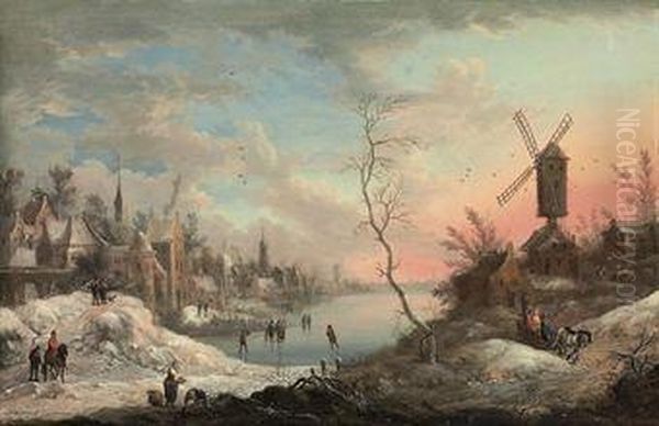 A Winter Landscape With Skaters On A Frozen Lake Near A Town, Awindmill Nearby Oil Painting by Johann Christian Vollerdt or Vollaert