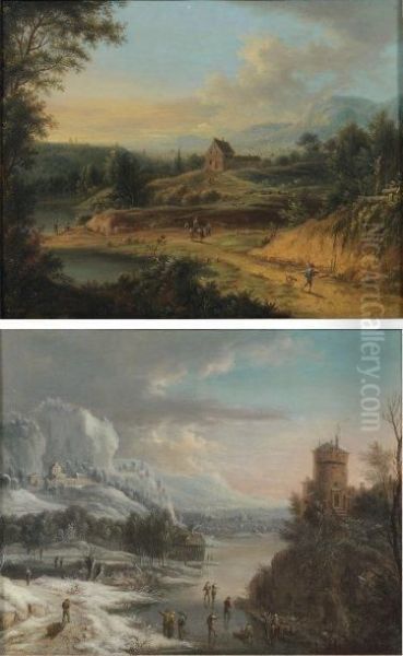 Paysage D'ete Paysage D'hiver Oil Painting by Johann Christian Vollerdt or Vollaert