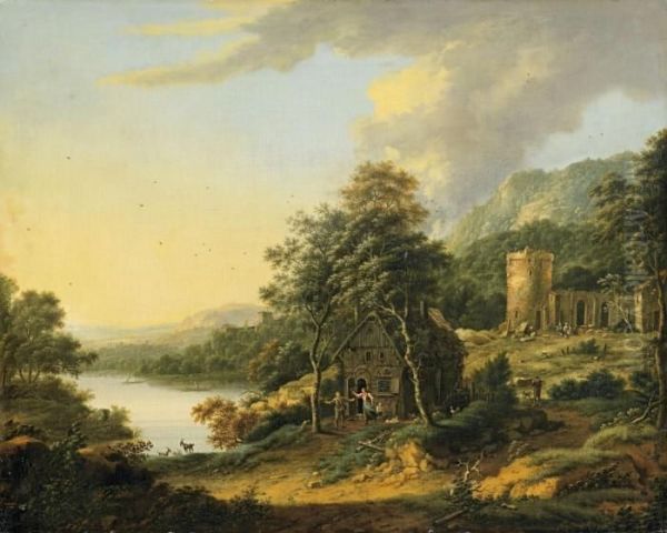 Landschaft Mit Hutte,turmruine Und Figuren Oil Painting by Johann Christian Vollerdt or Vollaert