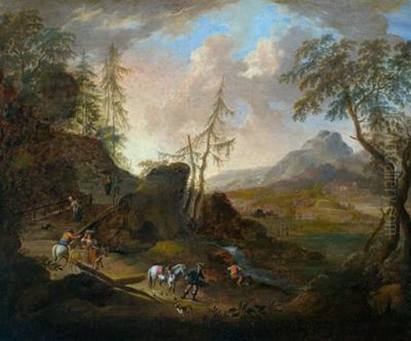 Eine Weite Fluslandschaft Mit Reisenden Oil Painting by Johann Christian Vollerdt or Vollaert