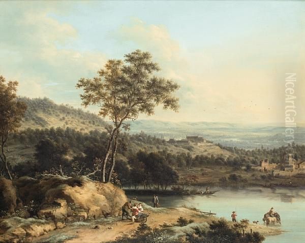 An Extensive River Landscape With A Family Oil Painting by Johann Christian Vollerdt or Vollaert