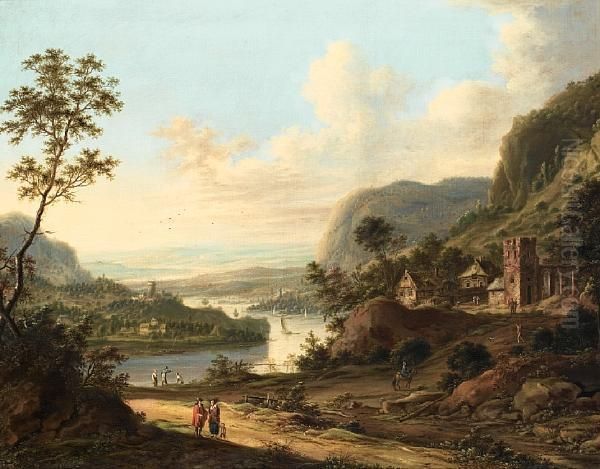 An Extensive River Landscape With Figures Resting Oil Painting by Johann Christian Vollerdt or Vollaert