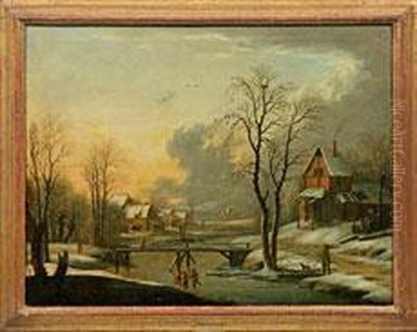 Winterlandschaft Mit Idyllischem Dorf Am Fluss Oil Painting by Johann Christian Vollerdt or Vollaert