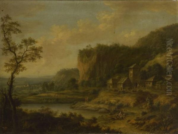 Felsige (elb-) Landschaft Mit Figurenstaffage Oil Painting by Johann Christian Vollerdt or Vollaert