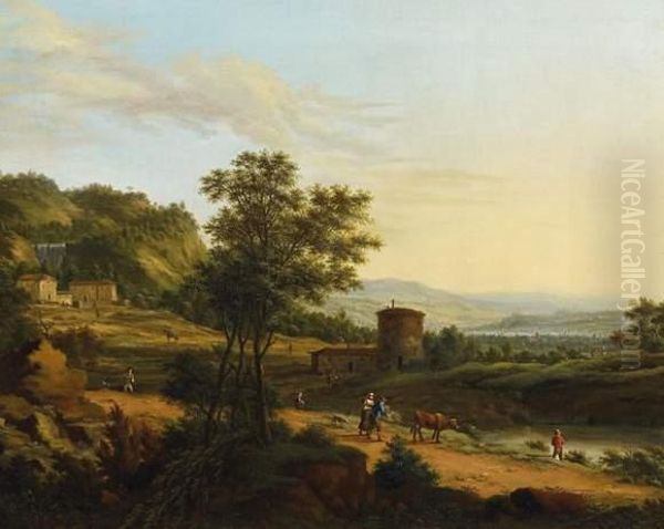 Vast Ideal Campagna Landscape Oil Painting by Johann Christian Vollerdt or Vollaert