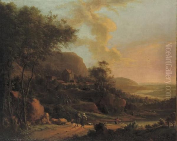 An Extensive Italianate Landscape With Travellers Near A River, A Village Beyond Oil Painting by Johann Christian Vollerdt or Vollaert