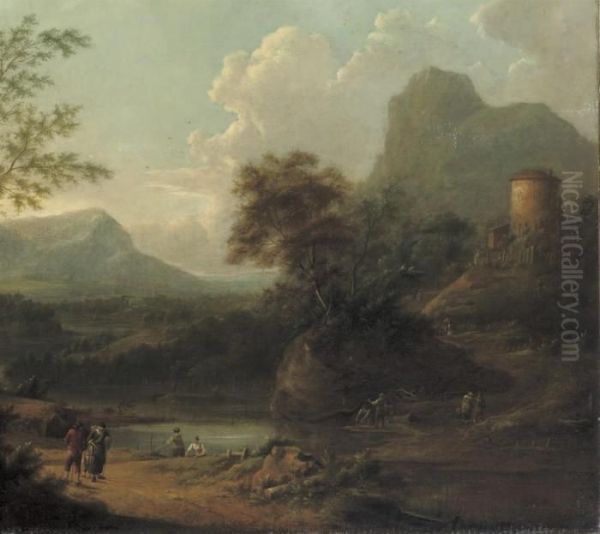 An Extensive River Landscape With Travellers On A Path Oil Painting by Johann Christian Vollerdt or Vollaert