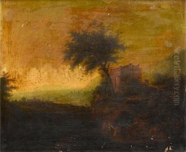 An Extensive Landscape With Travellers On A Country Path Oil Painting by Johann Christian Vollerdt or Vollaert