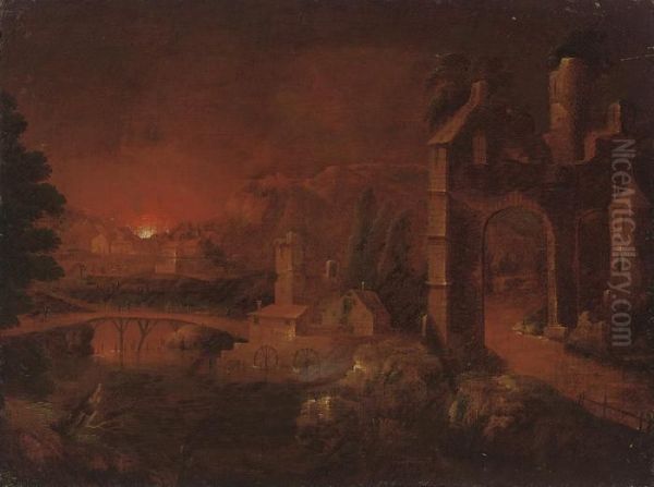 A Wooded River Landscape By A Town, With Figures On A Bridge And Afire Beyond Oil Painting by Johann Christian Vollerdt or Vollaert