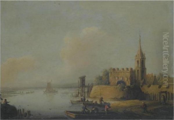 A River Landscape With Fisherman Loading Boats, A Church To Theright Oil Painting by Johann Christian Vollerdt or Vollaert