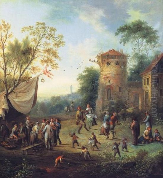 Village Day Oil Painting by Johann Christian Vollerdt or Vollaert