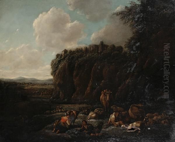 Figures And Cattle By Hilltop Ruins Oil Painting by Johann Christian Vollerdt or Vollaert