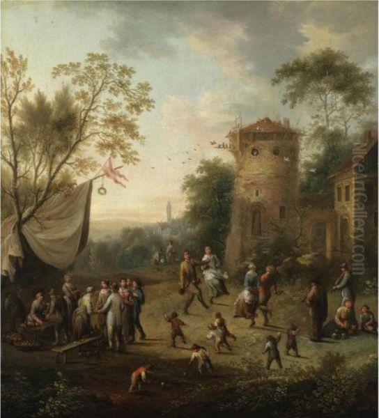 A Village Kermesse With Figures Dancing Oil Painting by Johann Christian Vollerdt or Vollaert