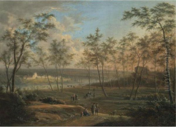 A Wooded River Landscape With Travellers On A Path, An Abbey Beyond Oil Painting by Johann Christian Vollerdt or Vollaert