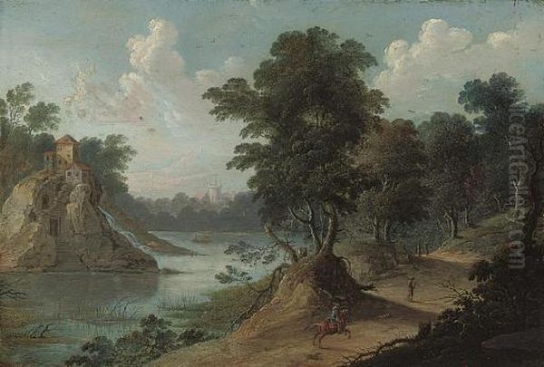 A Wooded River Landscape With A Horseman And Tavellers On A Track, Mountains Beyond Oil Painting by Johann Christian Vollerdt or Vollaert