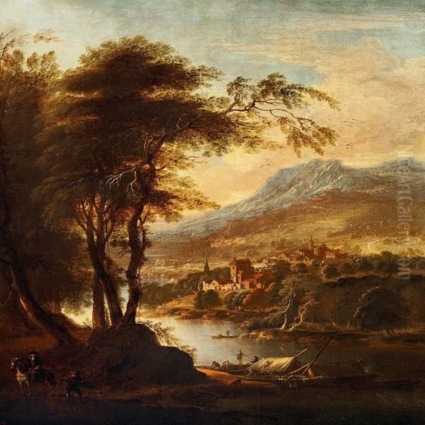 A Pair Of Romantic Landscapes Oil Painting by Johann Christian Vollerdt or Vollaert