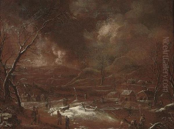 A Wooded Winter Landscape With Figures On A Track And Men Fishing On A Frozen Lake Oil Painting by Johann Christian Vollerdt or Vollaert