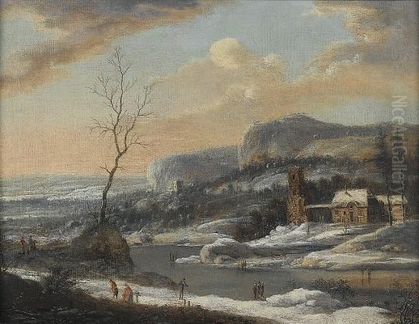 A Mountainous Winter Landscape With Figures On A Frozen River Oil Painting by Johann Christian Vollerdt or Vollaert