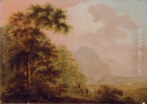 Travelers On A Path In A Valley Landscape Oil Painting by Johann Christian Vollerdt or Vollaert