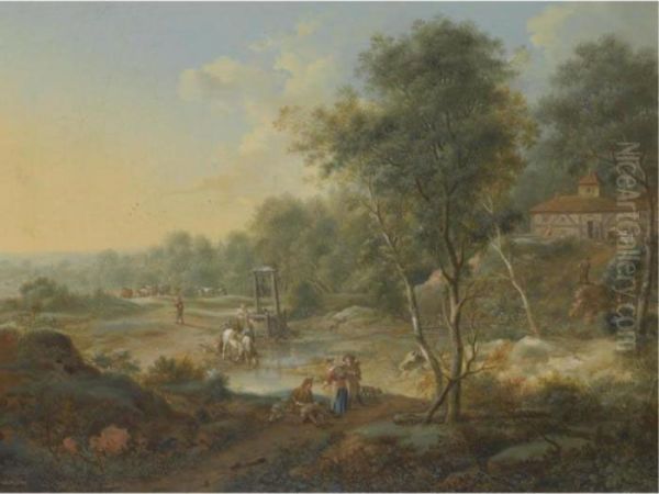 An Extensive Wooded Landscape With Figures By A Ford Oil Painting by Johann Christian Vollerdt or Vollaert