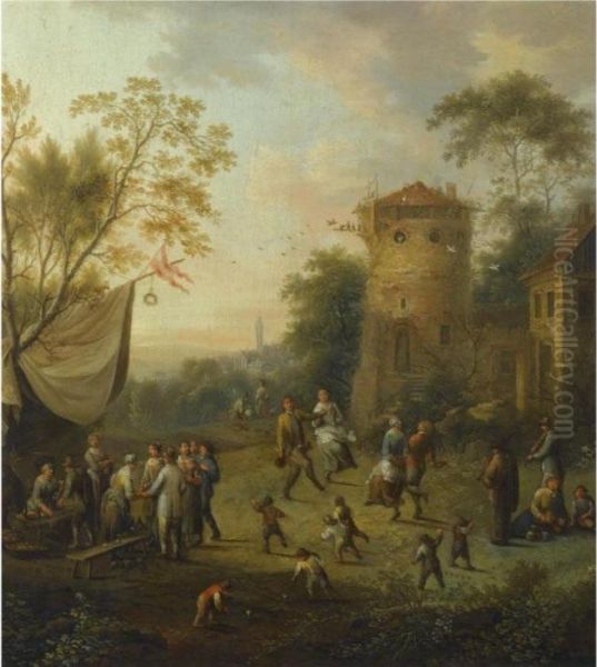 Market Scene With Dancing Peasants Oil Painting by Johann Christian Vollerdt or Vollaert