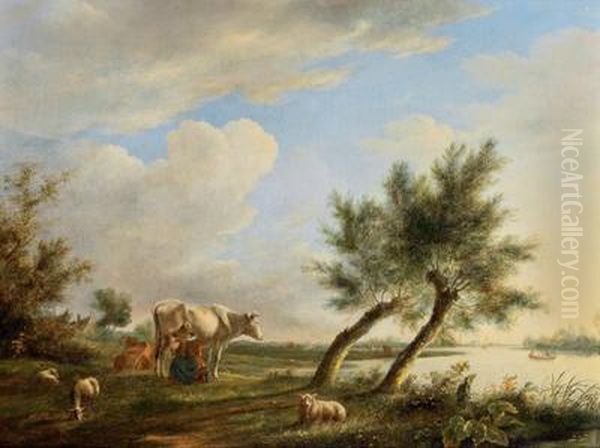 Paesaggio Fluviale Olandese Con Pastori E Gregge Oil Painting by Johann Christian Vollerdt or Vollaert