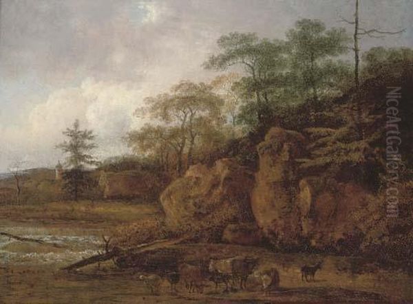 A Wooded Valley Landscape With Cattle By A River Oil Painting by Johann Christian Vollerdt or Vollaert