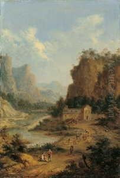 Flusslandschaft Mit Hirten Und Fischern Oil Painting by Johann Christian Vollerdt or Vollaert