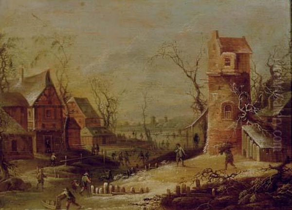 Winter Scene With Laborers Oil Painting by Johann Christian Vollerdt or Vollaert