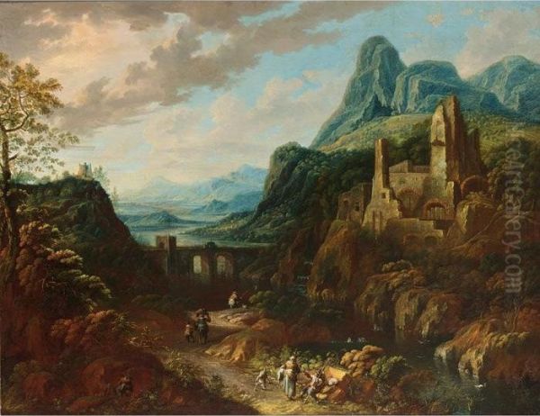 An Italianate River Landscape With Travellers And A Bridge Beyond Oil Painting by Johann Christian Vollerdt or Vollaert