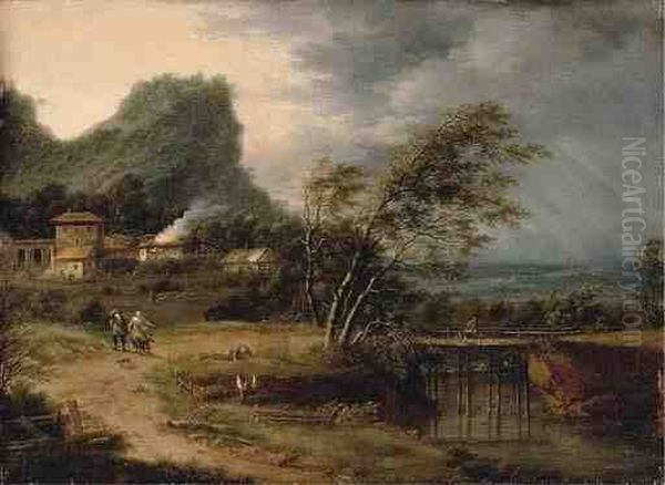 A River Landscape With Figures Oil Painting by Johann Christian Vollerdt or Vollaert