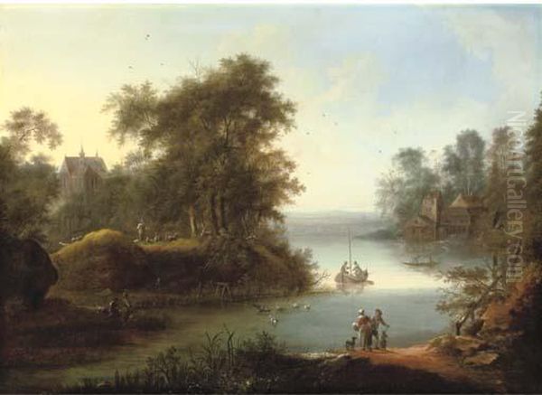 A Wooded Landscape With Fishermen On The Banks Of A River, A Church And Watermill Beyond Oil Painting by Johann Christian Vollerdt or Vollaert