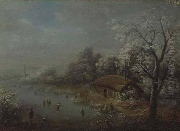 Figures On A Frozen Canal By A Castle; And A Companion Painting Oil Painting by Johann Christian Vollerdt or Vollaert