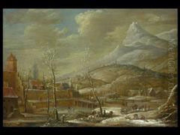 Winterlandschaft Oil Painting by Johann Christian Vollerdt or Vollaert