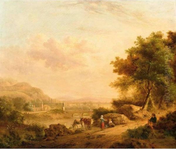 A River Landscape With Figures Resting Oil Painting by Johann Christian Vollerdt or Vollaert