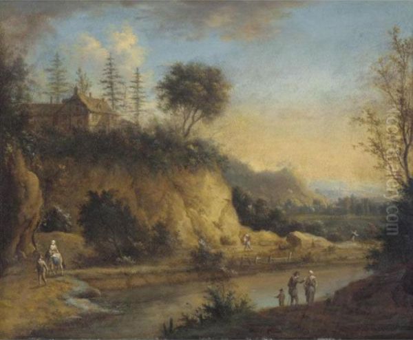 A Northern River Landscape With Figures On A Track, A Cottage Beyond Oil Painting by Johann Christian Vollerdt or Vollaert