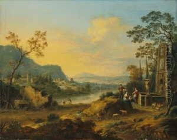 Italienische Flusslandschaft Mit
 Hirtenfamilie An Einem Antikisierenden Brunnen. Signiert Und Datiert 
Unten Links: Vollerdt P. 1758. Ol Auf Leinwand (doubliert). H 48,5; B 62
 Cm. Oil Painting by Johann Christian Vollerdt or Vollaert