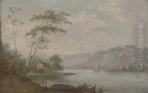 A River Landscape With Anglers And Figures On A River Bank Oil Painting by Johann Christian Vollerdt or Vollaert