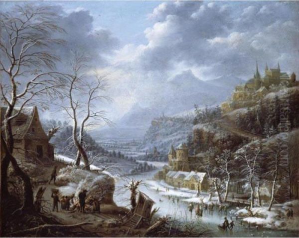 A Mountainous Winter Landscape With Skaters On A Frozen Lake Oil Painting by Johann Christian Vollerdt or Vollaert