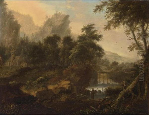 A Wooded Landscape With An Angler By A Waterfall, A Church And Deer In The Background Oil Painting by Johann Christian Vollerdt or Vollaert