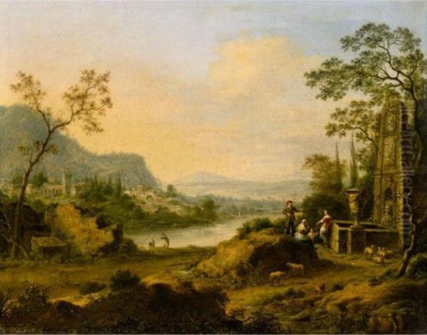 An Extensive Italianate River Landscape, With Figures Near A Fountain In The Foreground Oil Painting by Johann Christian Vollerdt or Vollaert