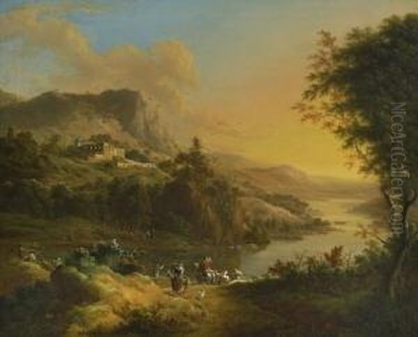 Flusslandschaft Im
 Abendlicht. Oil Painting by Johann Christian Vollerdt or Vollaert