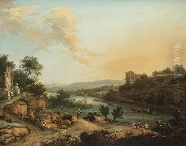 A Rhenish River Landscape With 
Travellers On A Track, Anglers On A Bank And A Monument Nearby Oil Painting by Johann Christian Vollerdt or Vollaert