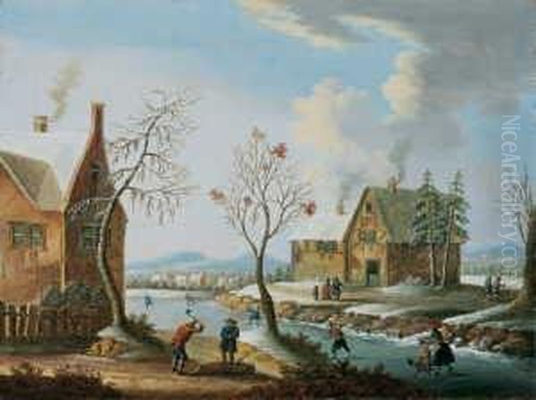 Umkreis Winterlandschaft Mit 
Eislaufern Und Holzfallern. Ol Auf Leinwand . H 23,3; B 31 Cm Oil Painting by Johann Christian Vollerdt or Vollaert