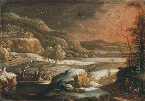 A Mountainous Winter Landscape With Travellers On A Track Oil Painting by Johann Christian Vollerdt or Vollaert