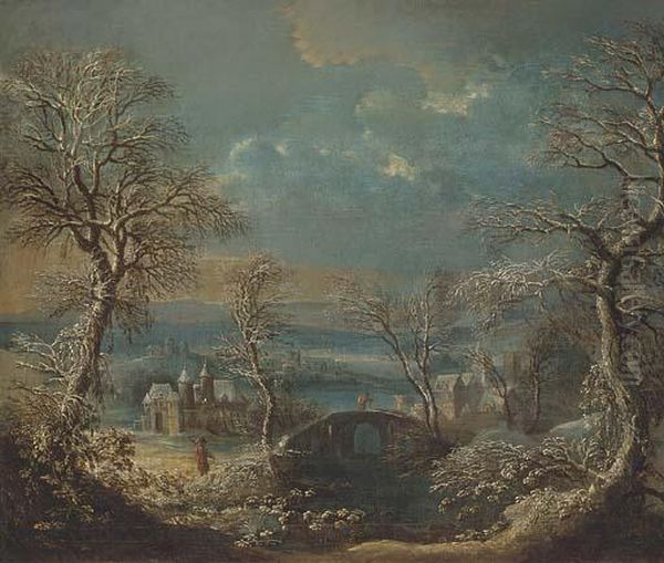 A Wooded River Landscape In Winter With Travellers Oil Painting by Johann Christian Vollerdt or Vollaert